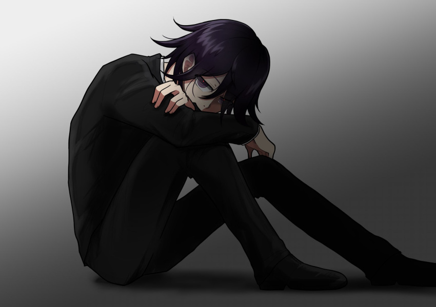 1boy, black_footwear, black_hair, black_pants, danganronpa_(series), danganronpa_v3:_killing_harmony, from_side, gradient_background, grey_background, hair_between_eyes, highres, knees_up, long_sleeves, looking_at_viewer, male_focus, mary_(marlone_kuhl), official_alternate_costume, oma_kokichi, pants, school_uniform, solo