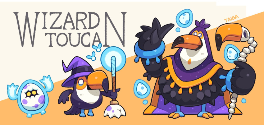animal_focus, bird, bone, broom, cape, egg, energy, hat, highres, kayama_taiga, original, purple_cape, purple_hood, toucan, wizard, wizard_hat