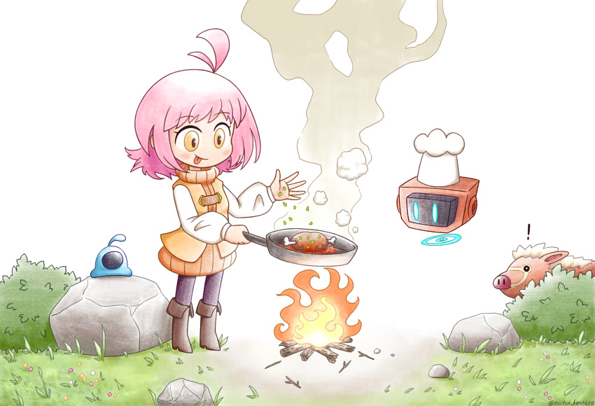 :p, ahoge, bart_(phoenotopia), black_pants, blush, boar, boned_meat, boots