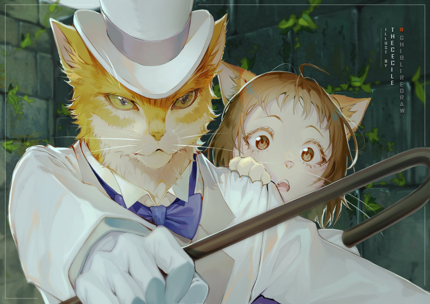 1boy, 1girl, animal_ears, artist_name, blue_bow, blue_bowtie, body_fur, bow