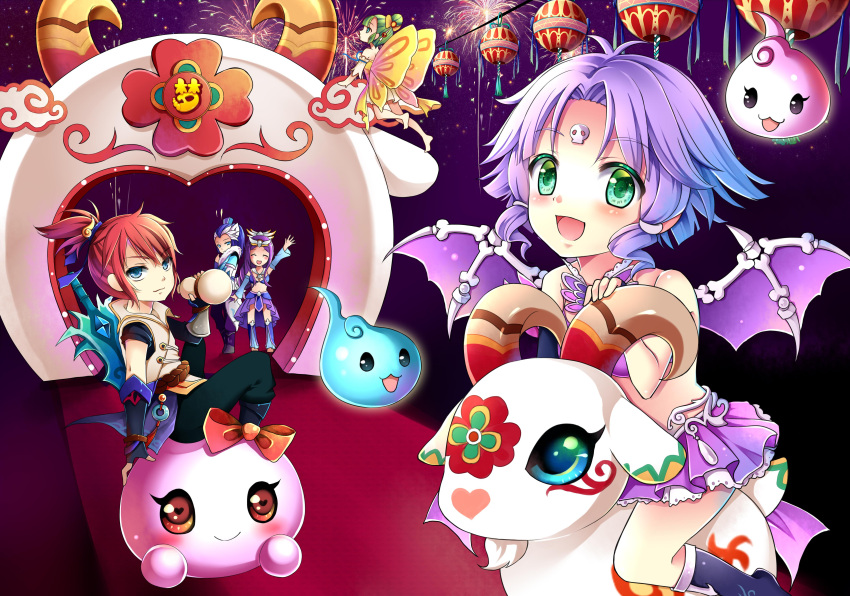 2boys, 3girls, :d, absurdres, arthropod_girl, bare_arms, bare_shoulders, black_footwear, black_gloves, black_pants, blue_eyes, blue_hair, blush, boots, dark_background, dress, facial_mark, fingerless_gloves, fireworks, flying, forehead_mark, ghost, gloves, goat, gourd, green_eyes, green_hair, gu_jingling, gyaza, high_ponytail, highres, holding_gourd, jian_xiake, knee_boots, lantern, looking_at_viewer, menghuan_xi_you, midriff, miniskirt, moth_girl, moth_wings, multiple_boys, multiple_girls, pants, parted_bangs, purple_footwear, purple_hair, purple_skirt, purple_tank_top, purple_wings, redhead, riding, riding_animal, shapolang_(menghuan_xi_you), short_hair, skeletal_wings, skirt, skull_ornament, smile, solo_focus, sword, tank_top, v-shaped_eyebrows, vest, weapon, weapon_on_back, wings, wu_man'er, xuancai_e, yellow_dress, yellow_vest, yellow_wings