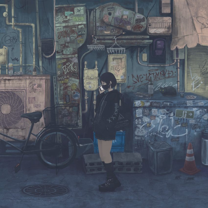 1girl, alley, bicycle, black_cat, black_footwear, black_hair, black_hoodie, black_mask