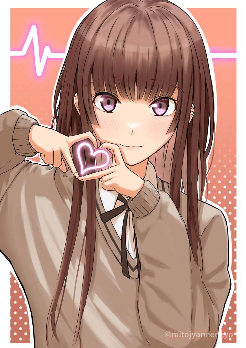 1girl, absurdres, amagami, black_ribbon, brown_hair, brown_sweater, cardiogram, heart