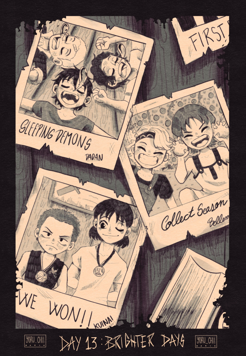 3girls, 4boys, absurdres, aged_down, artist_name, black_eyes, black_hair, closed_eyes