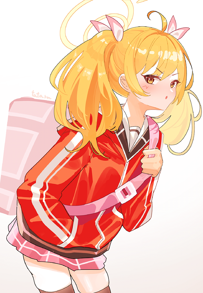1girl, black_thighhighs, blonde_hair, blue_archive, blush, closed_eyes, full_body, gift
