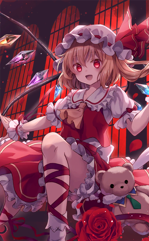 1girl, ascot, back_bow, blonde_hair, bow, broken_toy, collared_shirt, crystal