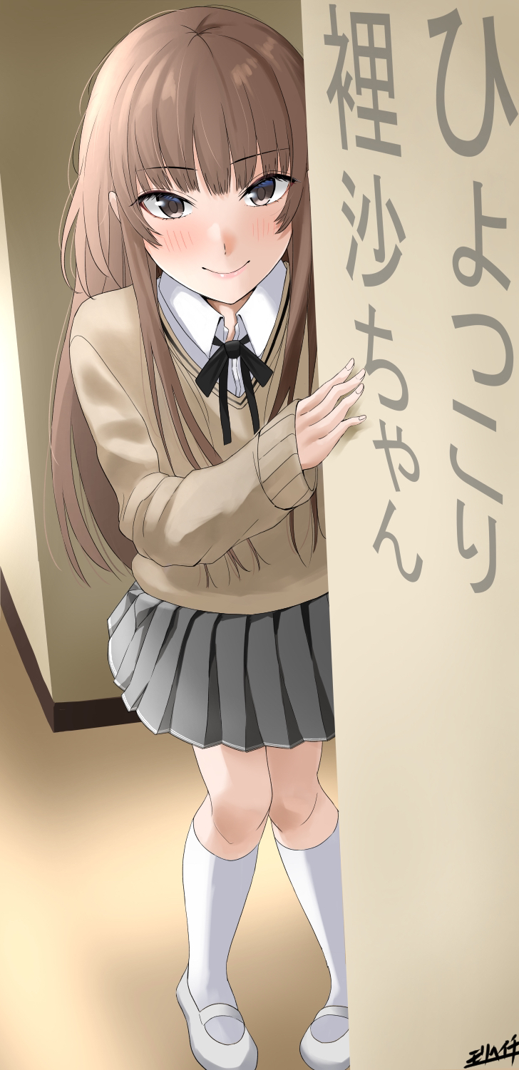 1girl, amagami, black_ribbon, blush, brown_eyes, brown_hair, brown_sweater, closed_mouth
