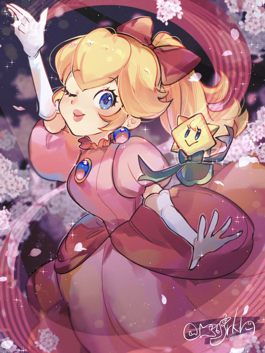 1girl, absurdres, arm_up, artist_name, blonde_hair, blue_eyes, blue_gemstone, blurry