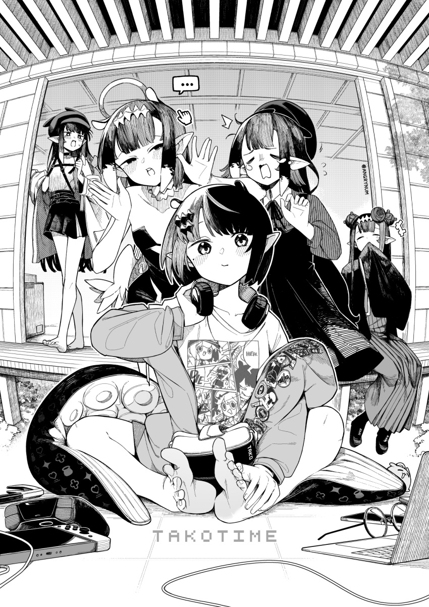 ..., 5girls, a:n_(angrynum), animal_ears, architecture, bare_legs, barefoot, beret