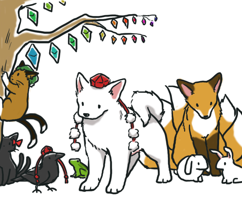 animalization, bare_tree, black_fur, brown_fur, chen, chen_(cat), closed_mouth, flandre_scarlet