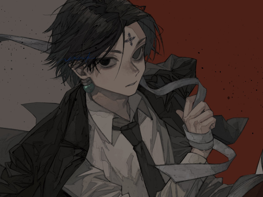 1boy, bandages, black_eyes, black_hair, black_suit, book, chrollo_lucilfer, clothes_on_shoulders