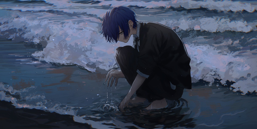 1boy, asano_(kazusasn), barefoot, black_jacket, black_pants, black_ribbon, gekkoukan_high_school_uniform, grey_eyes, hair_over_one_eye, highres, jacket, looking_down, male_focus, neck_ribbon, outdoors, pants, persona, persona_3, ribbon, school_uniform, shirt, shore, short_hair, sleeves_rolled_up, squatting, water, water_drop, waves, wet, wet_clothes, white_shirt, yuuki_makoto