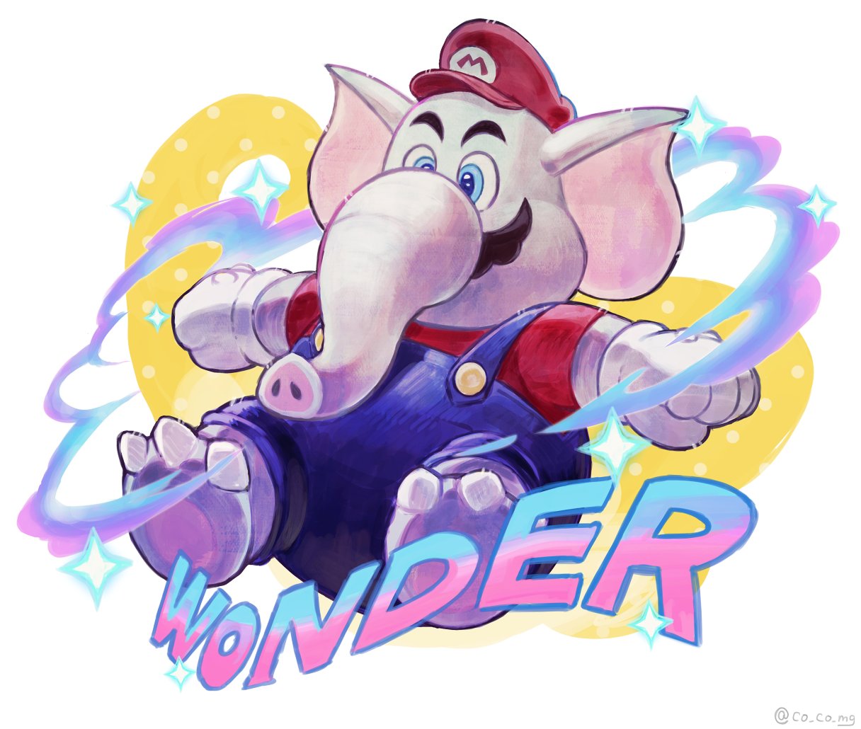1boy, artist_name, blue_eyes, blue_overalls, blue_pants, co_co_mg, commentary, elephant_mario