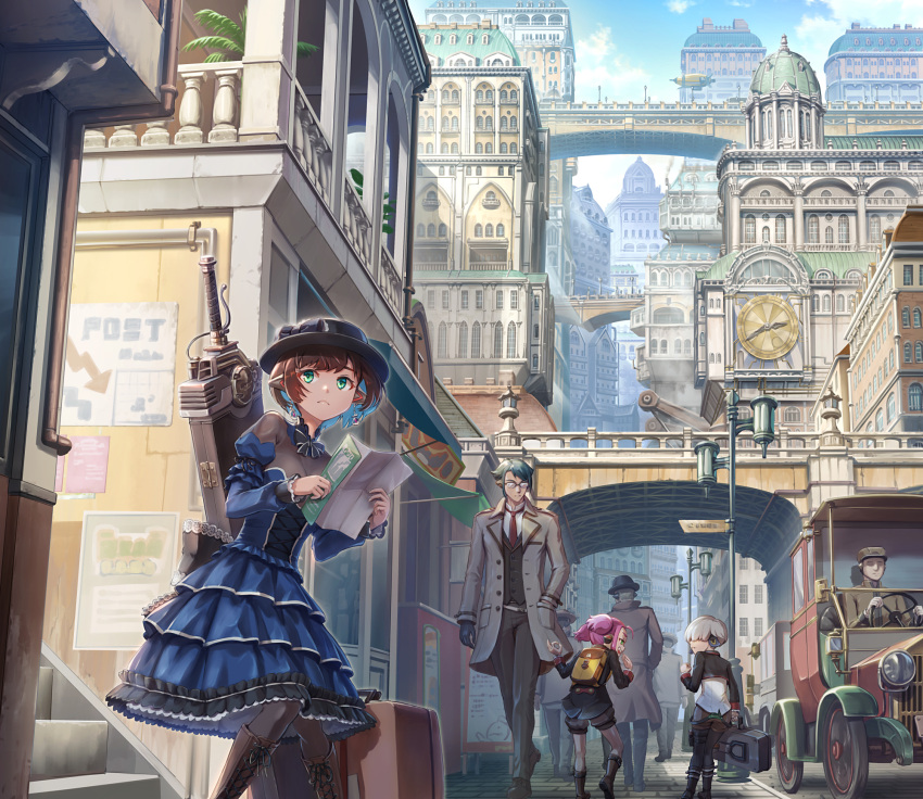 aircraft, analog_clock, architecture, atmospheric_perspective, black_headwear, blue_dress, boater_hat, boots