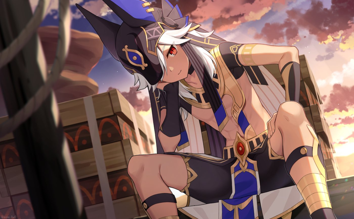 1boy, abs, animal_ears, animal_hat, belt, black_choker, black_gloves, black_headwear, black_ribbon, black_shorts, blurry, blurry_foreground, choker, closed_mouth, clouds, cloudy_sky, commentary_request, crop_top, cyno_(genshin_impact), dark-skinned_male, dark_skin, desert, egyptian_clothes, fake_animal_ears, feet_out_of_frame, fingerless_gloves, genshin_impact, gloves, gold_trim, gradient_sky, hair_over_one_eye, hand_up, hat, head_rest, iroiro_0w0, jackal_ears, long_hair, looking_at_viewer, male_focus, one_eye_covered, outdoors, parted_bangs, pelvic_curtain, red_eyes, ribbon, short_sleeves, shorts, sitting, sky, smile, solo, sun, sunset, swept_bangs, usekh_collar, white_hair, wooden_box