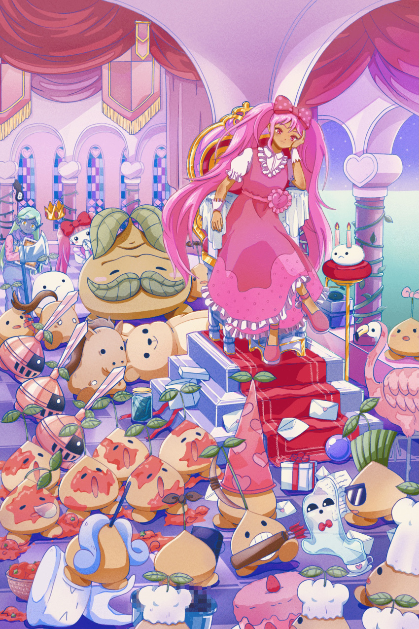 >_<, 1girl, 2boys, arrow_(projectile), axe, blue_overalls, blunt_bangs, bow