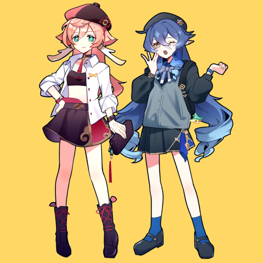 2girls, :d, adapted_costume, alternate_costume, aqua_nails, bag, bandeau, bare_legs