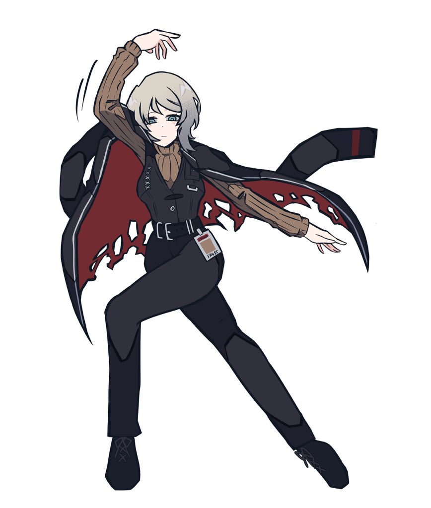 1girl, anime_girl_throwing_things_(meme), belt, blue_eyes, coco_(556ch0cl8), faust_(limbus_company), grey_hair, id_card