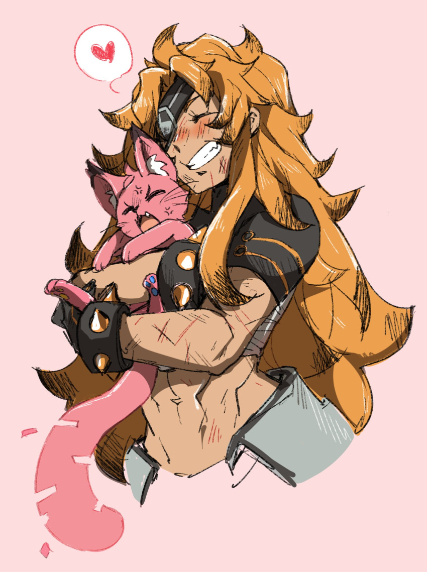 2girls, abs, ahichiru, ai.mi_(omega_strikers), anger_vein, angry, animal, animal_ear_fluff, animalization, asher_(omega_strikers), black_gloves, cat, closed_eyes, eyepatch, gloves, highres, holding, holding_animal, hug, long_hair, multiple_girls, muscular, muscular_female, omega_strikers, open_mouth, orange_hair, scratches, smile
