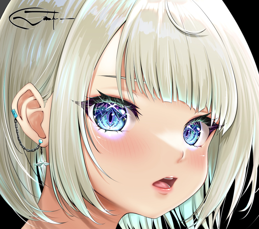 1girl, blue_eyes, blush, close-up, earrings, glowing, glowing_eyes, highres
