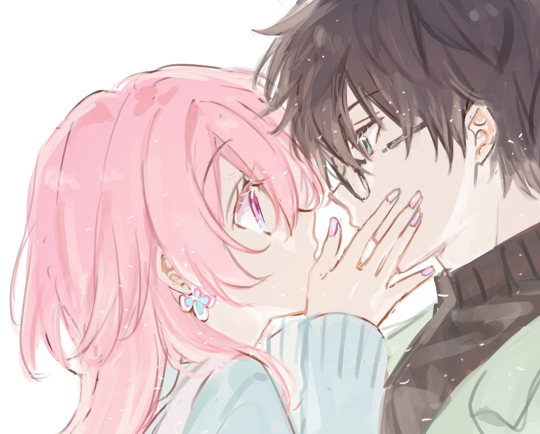 1boy, 1girl, black_shirt, blue_sleeves, dan_heng_(honkai:_star_rail), earrings, enefue, glasses, green_eyes, hand_on_another's_chin, hetero, honkai:_star_rail, honkai_(series), jewelry, long_sleeves, looking_at_another, march_7th_(honkai:_star_rail), open_hand, pink_hair, shirt, short_hair, simple_background, upper_body