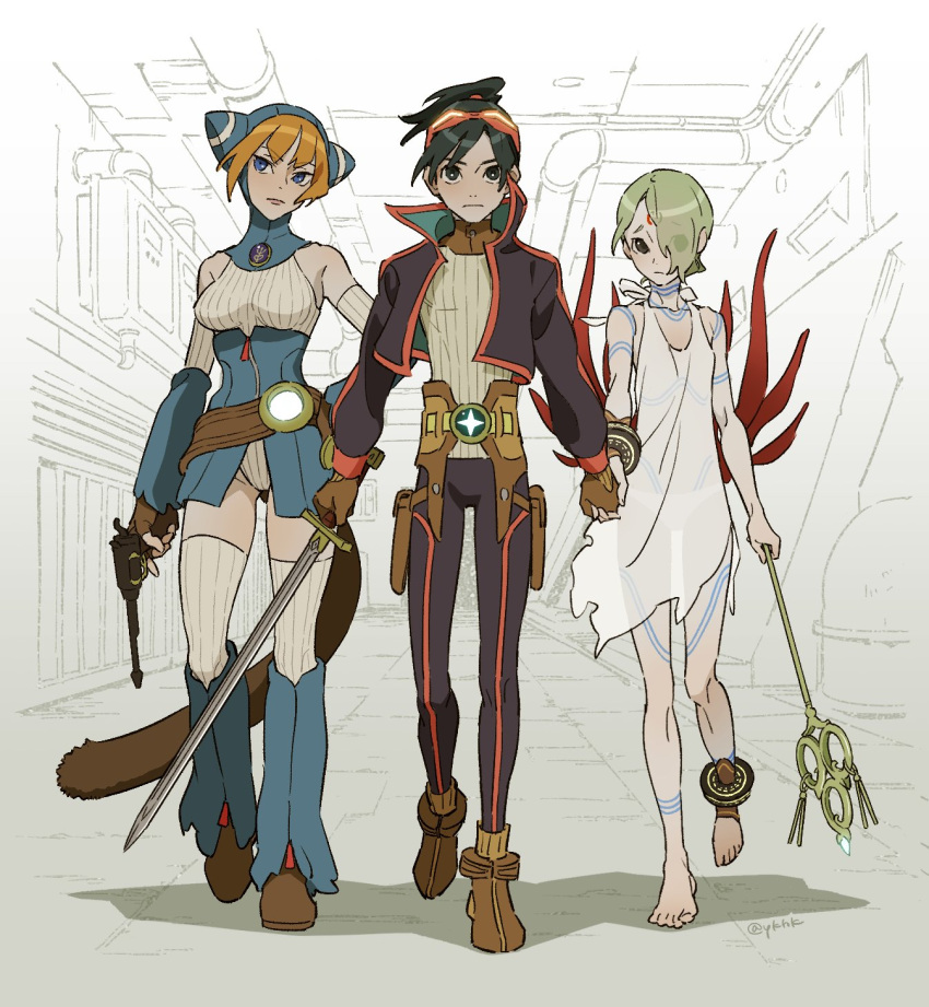 1boy, 2girls, animal_hood, barefoot, blue_eyes, bracelet, breasts, breath_of_fire