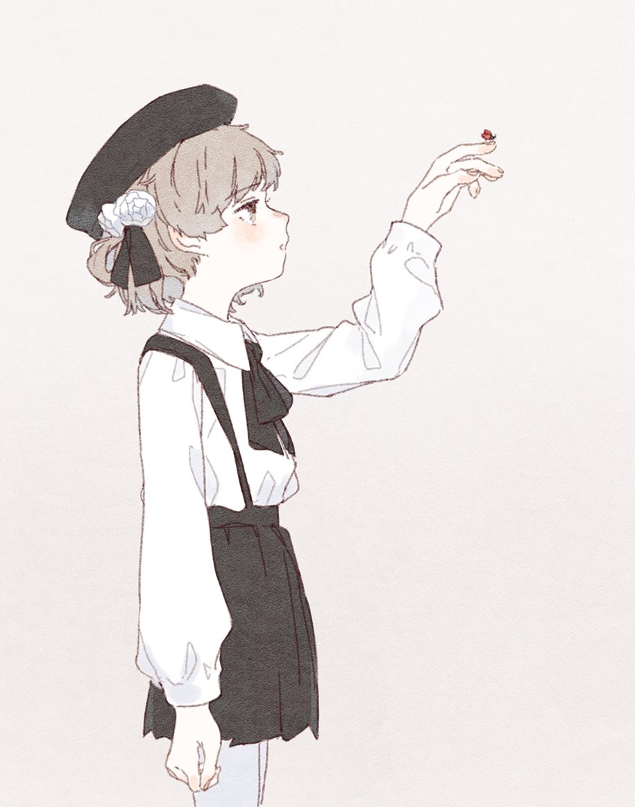 1girl, ajomo, arm_at_side, arm_up, beret, black_headwear, black_ribbon, black_skirt