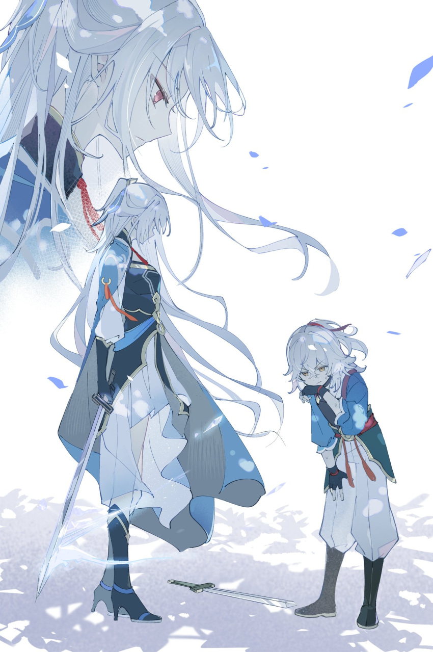 1boy, 1girl, aged_down, black_footwear, black_gloves, blue_leaf, blue_sleeves, chinese_clothes