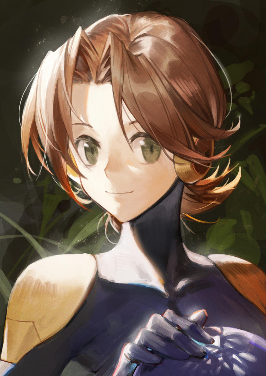 1boy, absurdres, backlighting, blue_bodysuit, bodysuit, brown_hair, commentary_request, covered_collarbone, denshi_risu, film_grain, green_eyes, hair_intakes, hand_up, headwear_removed, helmet, helmet_removed, highres, holding, holding_helmet, hub_hikari_(mega_man), light_particles, looking_at_viewer, male_focus, mega_man_(series), mega_man_battle_network_(series), mullet, parted_bangs, portrait, short_hair, shoulder_pads, smile, solo