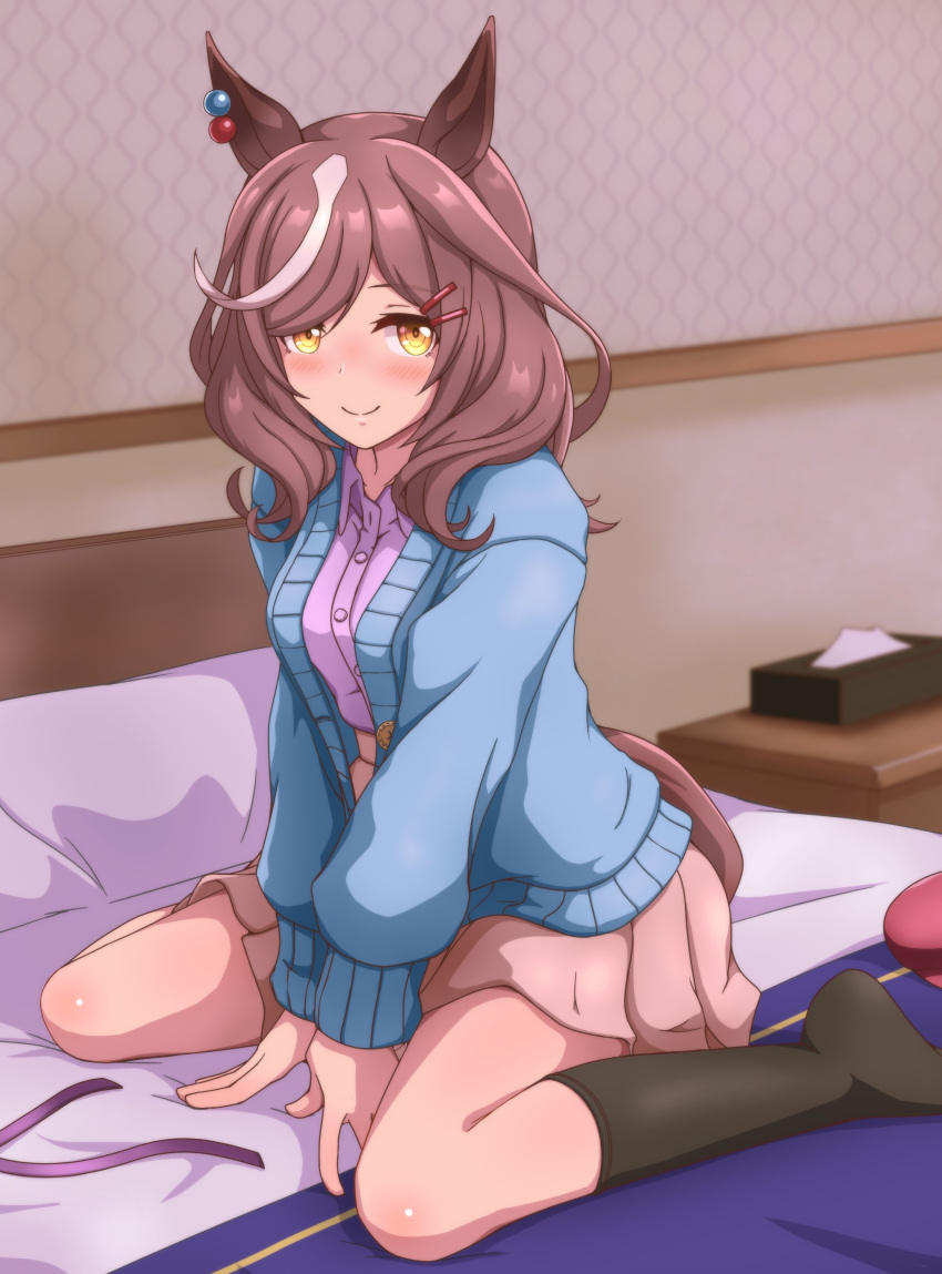 1girl, absurdres, alternate_costume, animal_ears, bed, breasts, brown_hair, casual