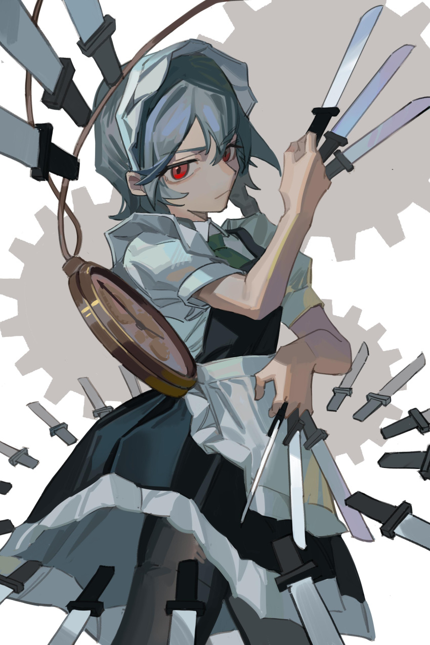 1girl, absurdres, apron, between_fingers, black_dress, black_pantyhose, collared_shirt, commentary