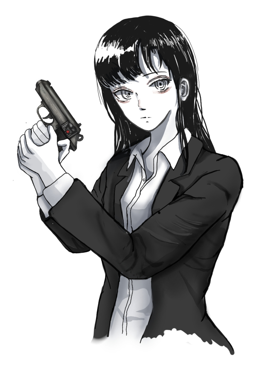 1girl, 787nanahachi, asymmetrical_bangs, blazer, business_casual, closed_mouth, collared_shirt, commentary, cropped_torso, dress_shirt, greyscale, gun, handgun, highres, holding, holding_gun, holding_weapon, jacket, lapels, long_hair, long_sleeves, looking_at_viewer, monochrome, notched_lapels, office_lady, open_clothes, open_collar, open_jacket, original, ringed_eyes, serious, shirt, simple_background, solo, spot_color, textless_version, upper_body, walther, walther_ppk, weapon