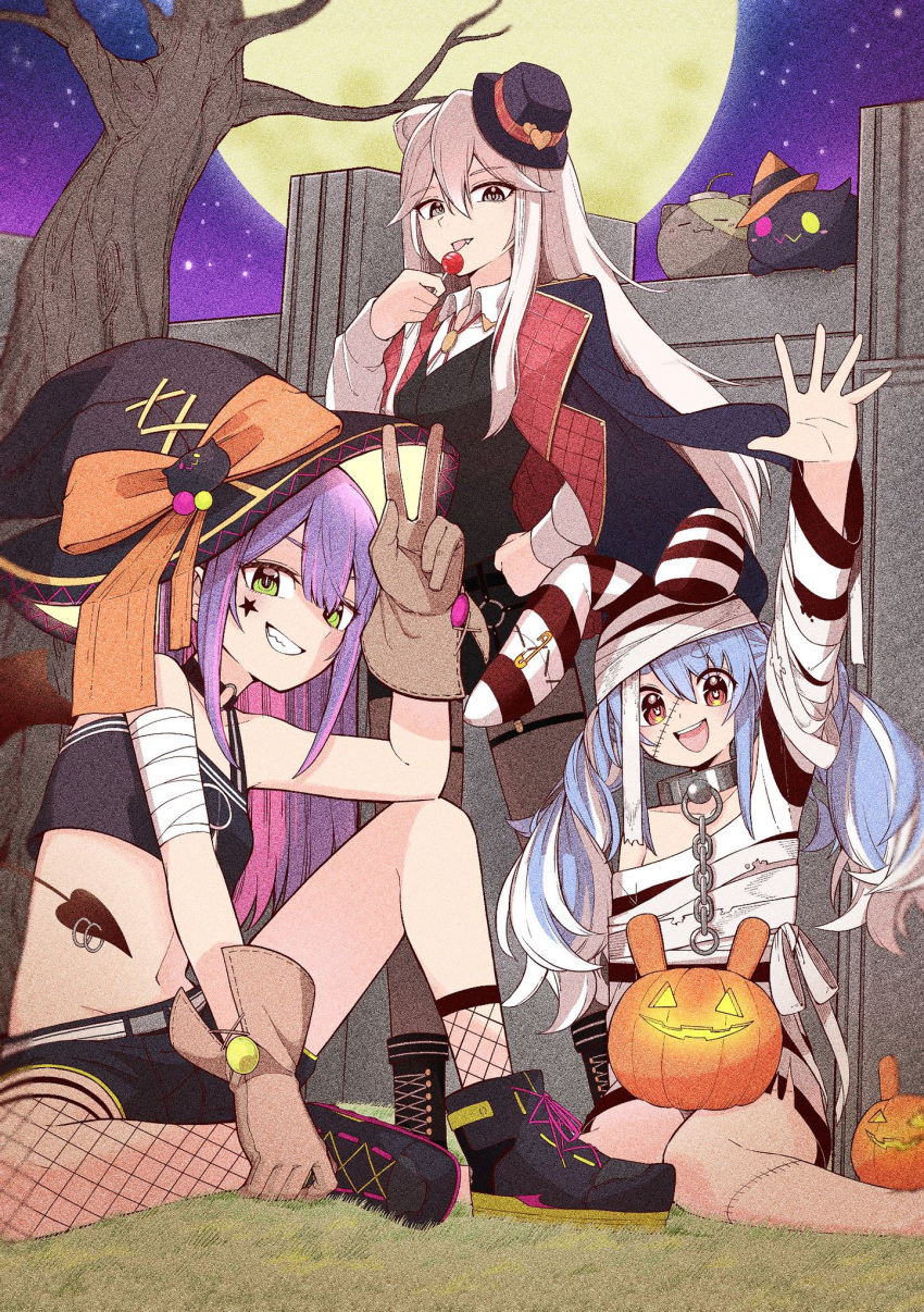 3girls, :3, :d, animal_ears, arm_up, bandaged_arm, bandages, bare_shoulders