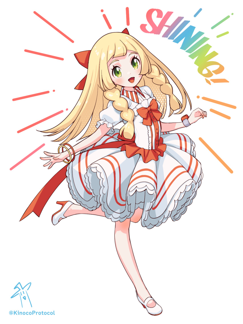 1girl, :d, blonde_hair, bracelet, braid, commentary_request, cosplay, dawn_(pokemon)_(cosplay)