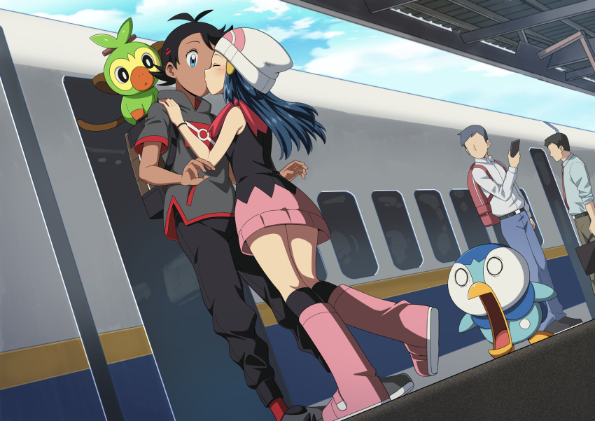 1girl, 3boys, antenna_hair, backpack, bag, beanie, black_hair, black_pants