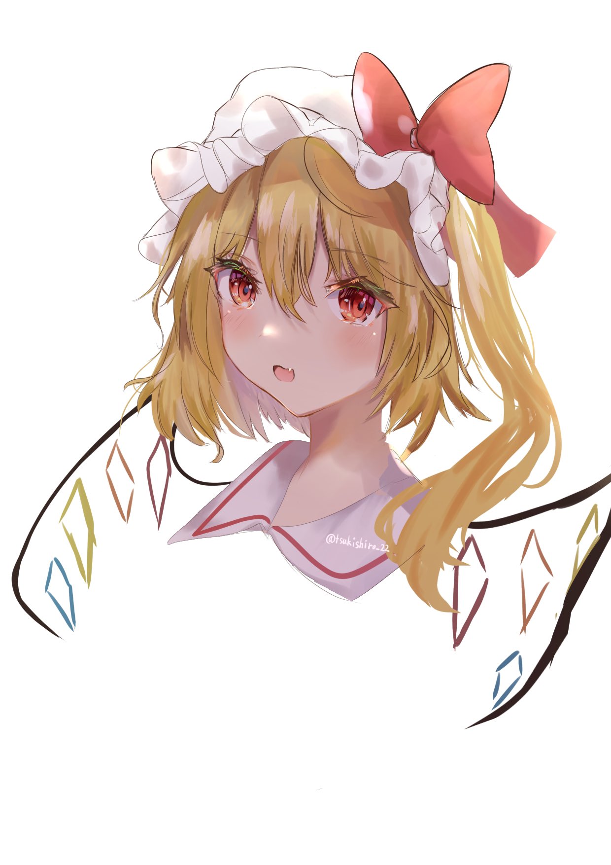 1girl, :d, blonde_hair, bow, commentary_request, cropped_shoulders, crystal, fang