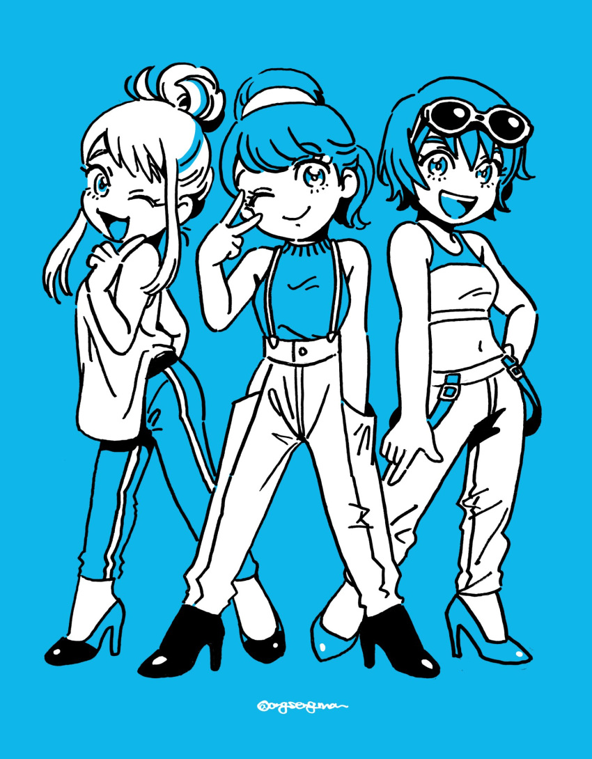 alternate_hairstyle, blue_background, blue_hair, blue_theme, contrapposto, crop_top, hair_bun, hairband