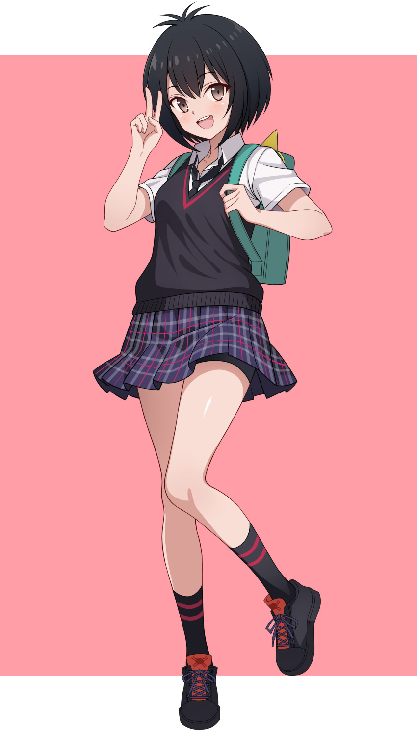 1girl, :d, absurdres, backpack, bag, bare_legs, bike_shorts_under_skirt, black_hair