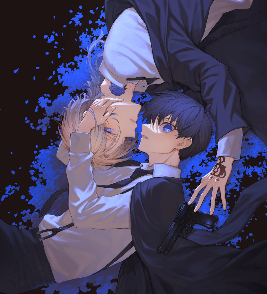 2boys, absurdres, black_background, black_jacket, black_necktie, black_pants, blonde_hair, blue_eyes, blue_hair, blue_lock, blue_petals, collared_shirt, flower_tattoo, formal, gradient_hair, gun, hand_tattoo, handgun, highres, isagi_yoichi, jacket, jacket_on_shoulders, long_hair, long_sleeves, looking_at_viewer, lying, male_focus, michael_kaiser, multicolored_hair, multiple_boys, neck_tattoo, necktie, on_side, pants, parted_lips, petals, profile, shirt, short_hair, suspenders, tattoo, two-tone_hair, umiharuayato, upside-down, weapon, white_shirt