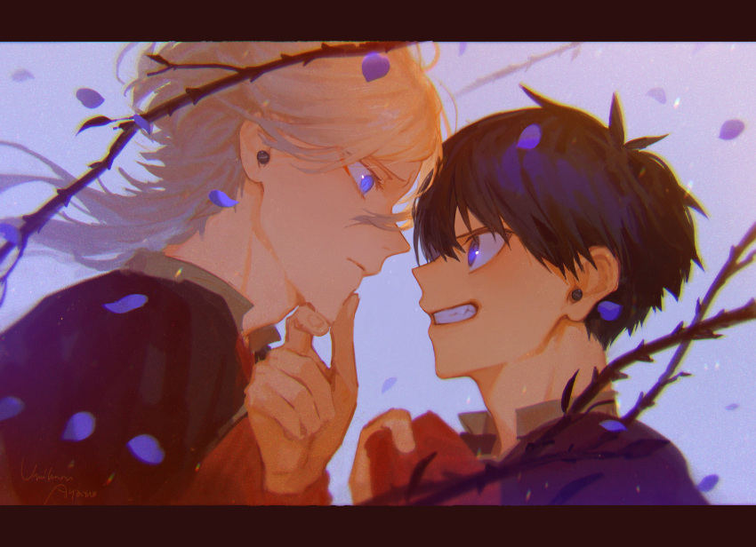 2boys, absurdres, black_shirt, blonde_hair, blue_background, blue_eyes, blue_hair, blue_lock