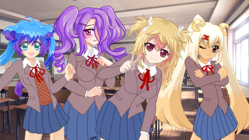 4girls, alpha_(crush_crush), cassie_(crush_crush), crush_crush, doki_doki_literature_club, generica, mio_(crush_crush), parody