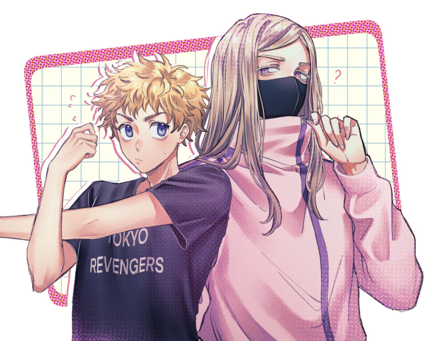 29o52413, 2boys, black_shirt, blonde_hair, blue_eyes, closed_mouth, covered_mouth, hanagaki_takemichi, hand_up, highres, jacket, long_hair, long_sleeves, male_focus, mask, mouth_mask, multiple_boys, pink_eyes, pink_jacket, sanzu_haruchiyo, shirt, short_hair, short_sleeves, sweatdrop, tokyo_revengers, upper_body, white_background