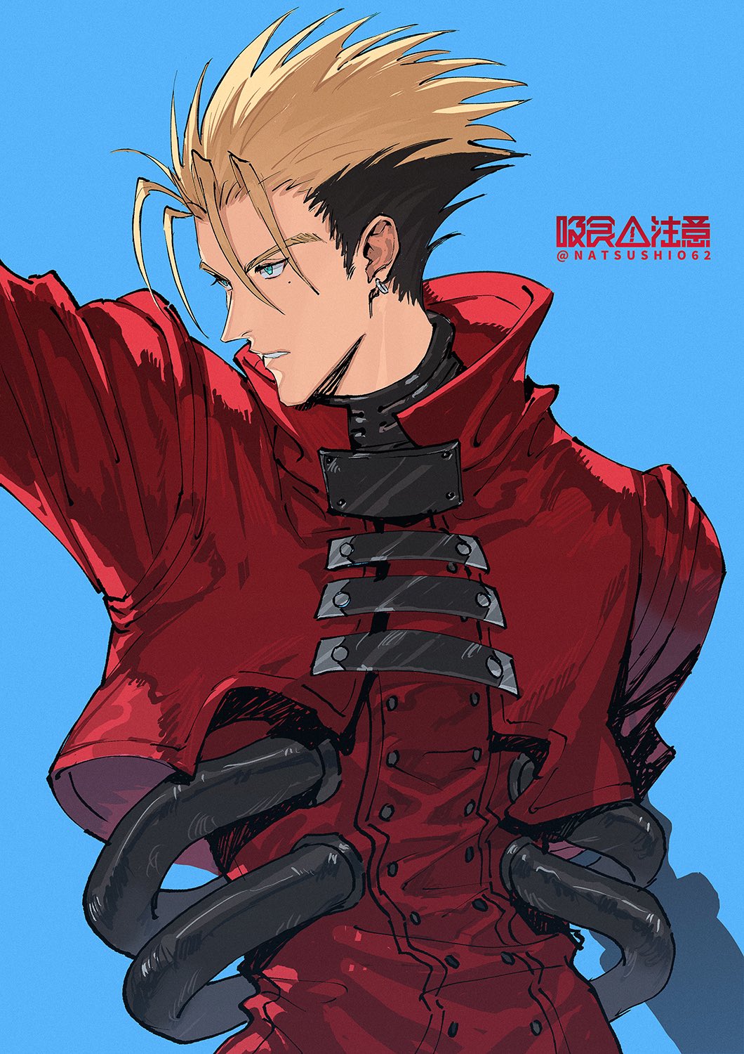 1boy, black_hair, blonde_hair, blue_background, blue_eyes, earrings, highres, jacket