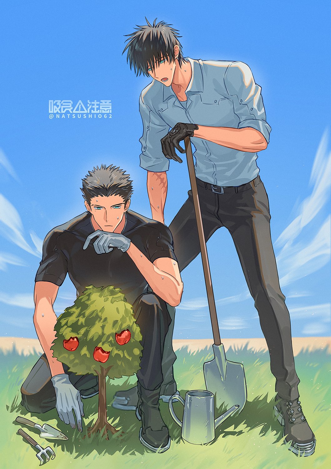 2boys, alternate_hair_color, belt, black_belt, black_footwear, black_gloves, black_hair, black_pants