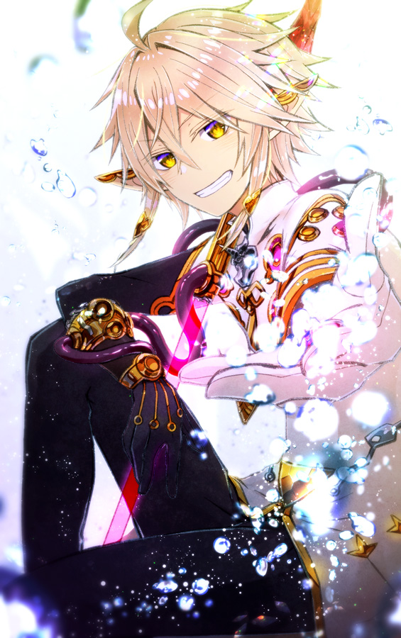 arm_on_knee, asymmetrical_gloves, black_gloves, black_pants, coat, ear_ornament, elf, gloves