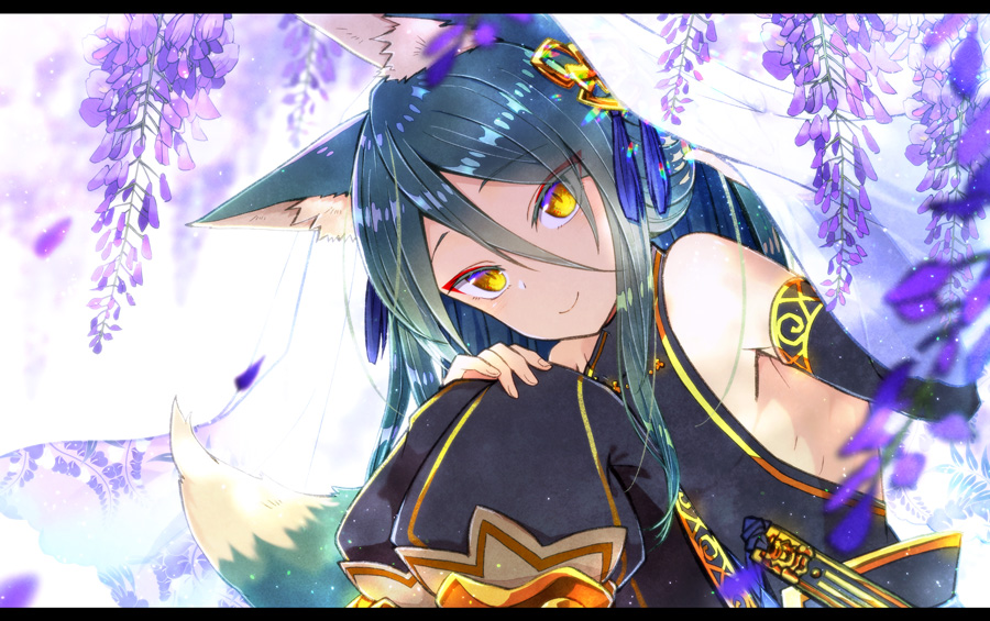1boy, animal_ears, bare_shoulders, detached_sleeves, eyes_visible_through_hair, eyeshadow, fox_boy, fox_ears