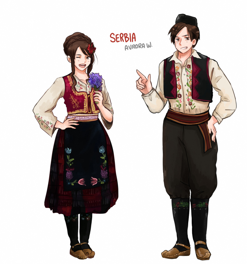 1boy, 1girl, artist_name, aurora_williams, axis_powers_hetalia, black_headwear, black_vest, brown_hair