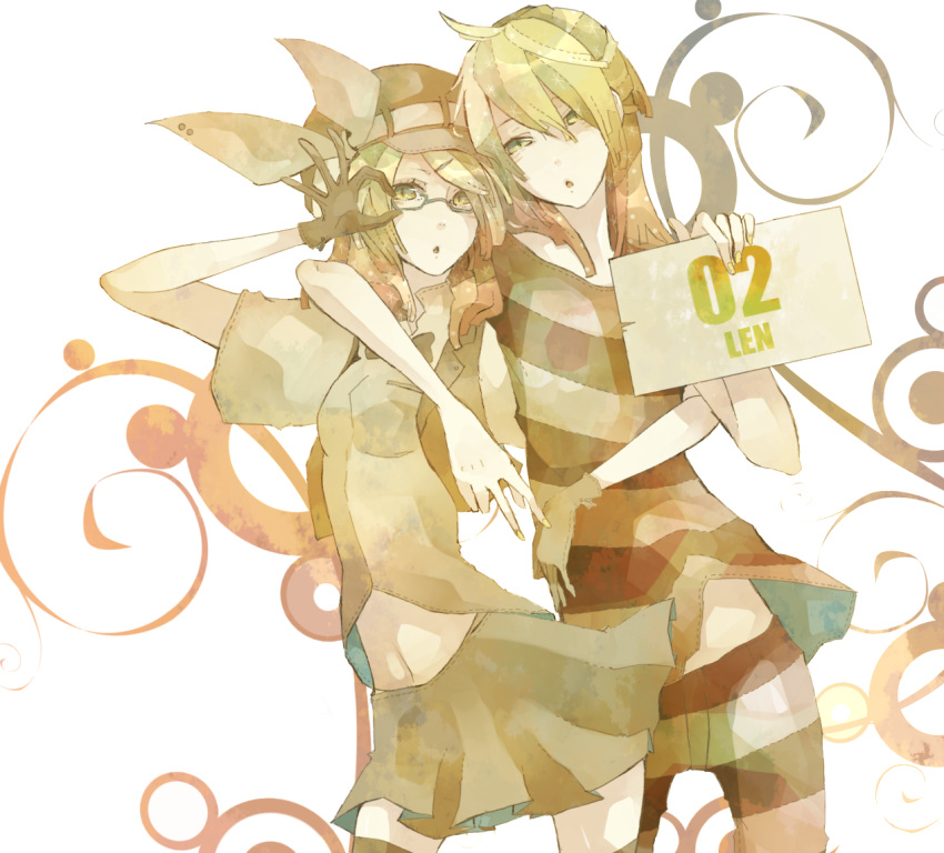 blonde_hair, glasses, gloves, hat, kagamine_len, kagamine_rin, mizutame_tori, monokuro-wan-wan, ribbon, short_hair, siblings, twins, vocaloid, yellow_eyes
