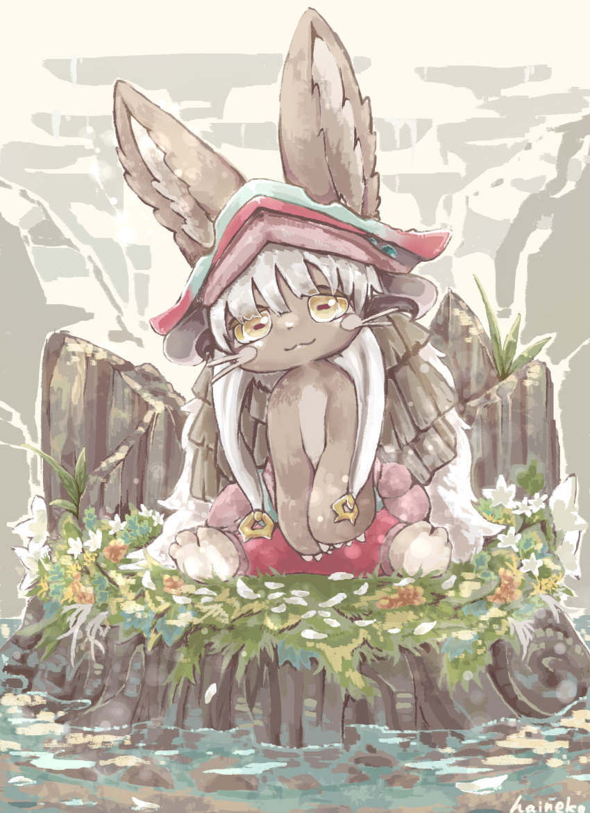 1other, :3, androgynous, animal_ear_fluff, body_fur, brown_fur, claws, ears_through_headwear, furry, haineko_05, highres, horizontal_pupils, long_hair, made_in_abyss, nanachi_(made_in_abyss), no_humans, other_focus, outdoors, pants, red_pants, signature, sitting, topless, water, whiskers, white_hair, yellow_eyes
