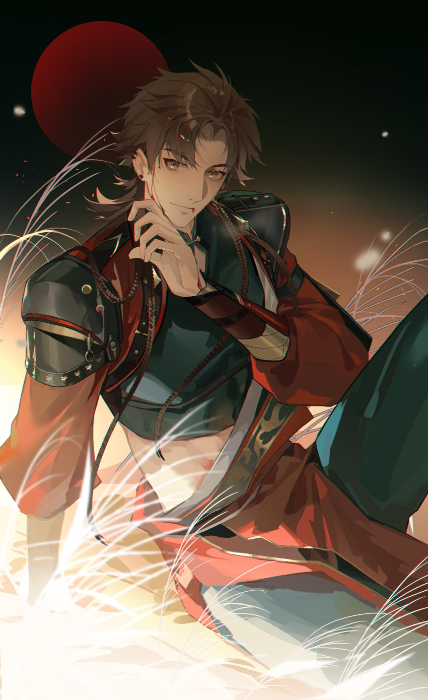 1boy, absurdres, blonde_hair, blood, blood_from_mouth, blood_on_face, blood_on_hands, chest_armor